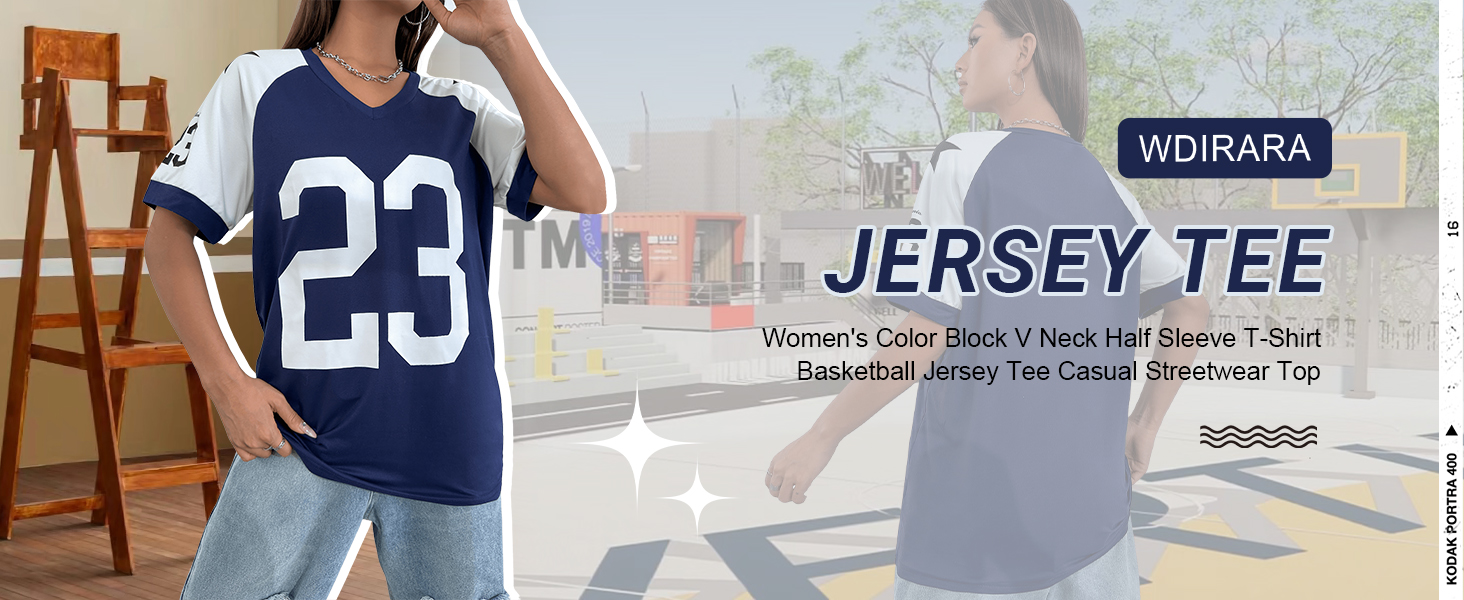 WDIRARA Women Color Block V Neck Half Sleeve T-Shirt Basketball Jersey Tee Casual Streetwear Top